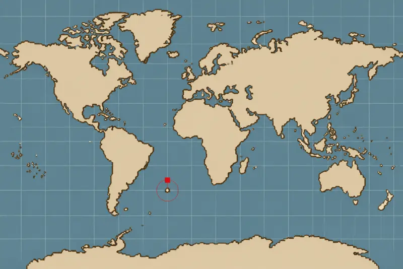 Original decorative pixel sea chart with a red island pin; not a gameplay map
